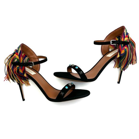 VALENTINO Rockstud Rolling Fringed Suede Ankle Strap Sandals EU 39 US 9 Heels - Picture 6 of 13